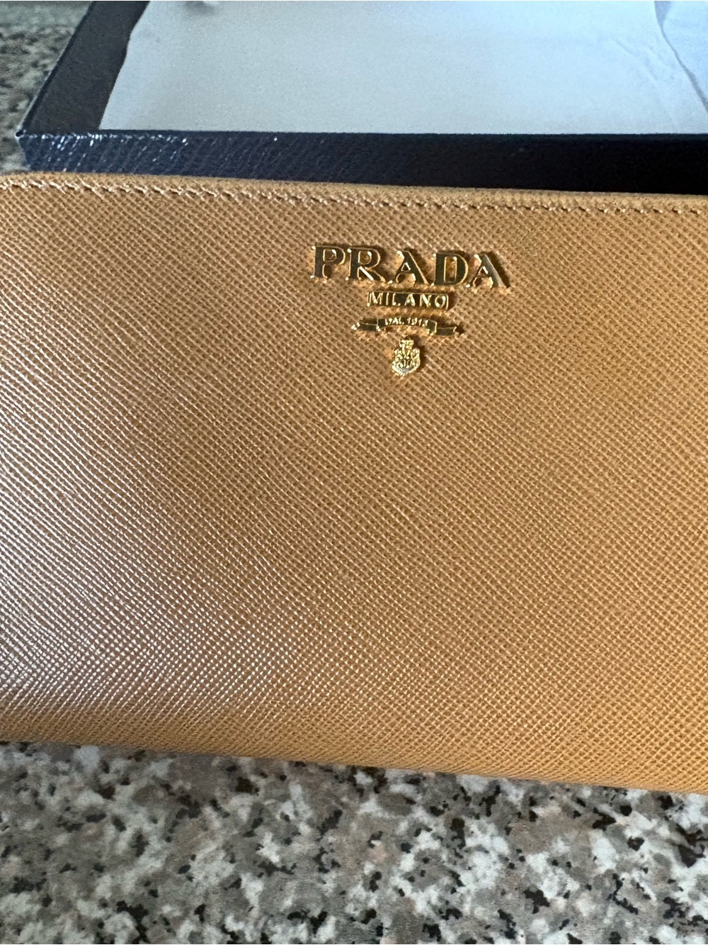 Women’s Prada Saffiano Leather Bi-Fold Wallet - Camel Tan with Gold Logo